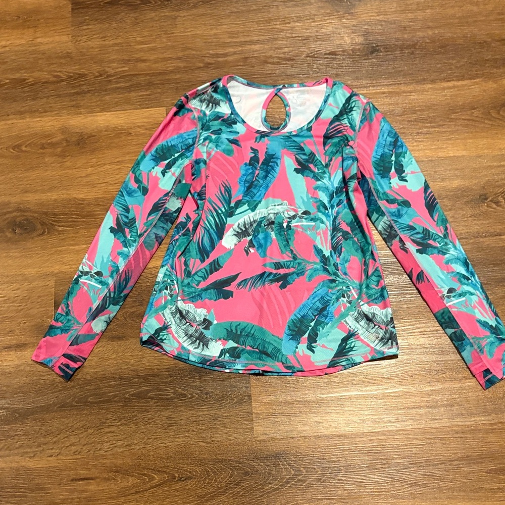 Reel Legends Vibrant Pink and Teal Leaf Long Sleeve Top